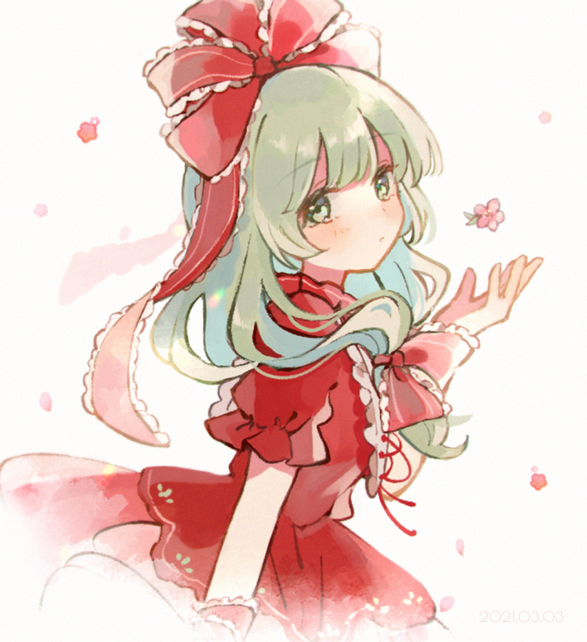 1girl bangs bow commentary_request dated dress flower frilled_bow frilled_ribbon frilled_sleeves frills front_ponytail green_eyes green_hair hair_bow hair_ribbon hand_up highres kagiyama_hina long_hair looking_at_viewer looking_to_the_side nig_18 petals pink_flower puffy_short_sleeves puffy_sleeves red_bow red_dress red_ribbon ribbon short_sleeves solo touhou upper_body