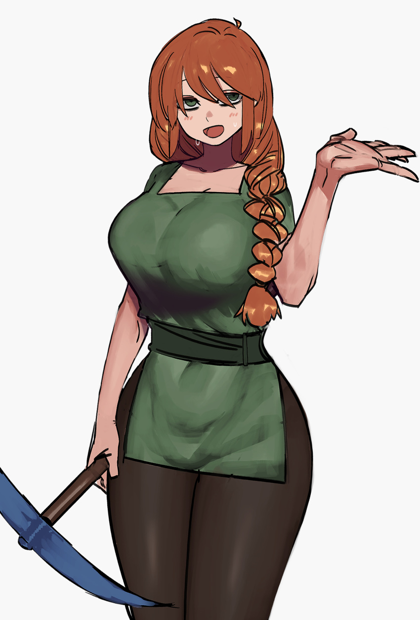 1girl :d absurdres alex_(minecraft) blush braid breasts curvy dress green_eyes highres holding_pickaxe large_breasts long_hair looking_at_viewer mano_(deew123) minecraft open_mouth orange_hair pickaxe smile solo standing sweat