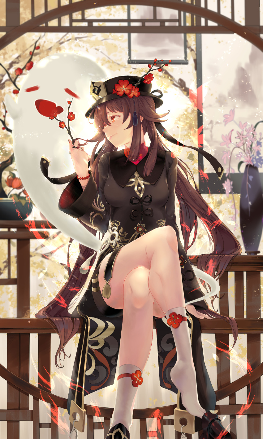 1girl absurdres bangs black_coat black_headwear black_shorts blush breasts brown_hair coat coattails crossed_legs flower genshin_impact ghost hat hat_flower highres hu_tao kneehighs legs long_hair long_sleeves looking_to_the_side name1122 plum_blossoms red_eyes shorts sitting small_breasts smile symbol-shaped_pupils twintails very_long_hair white_legwear