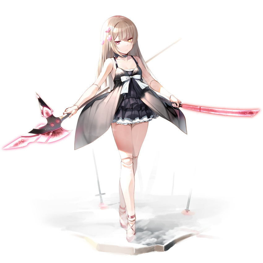 1girl absurdres bangs black_dress blonde_hair choker collarbone doll_joints dress dual_wielding flower full_body hair_flower hair_ornament heterochromia highres holding holding_sword holding_weapon joints long_hair looking_at_viewer nekomu original solo sword weapon white_background
