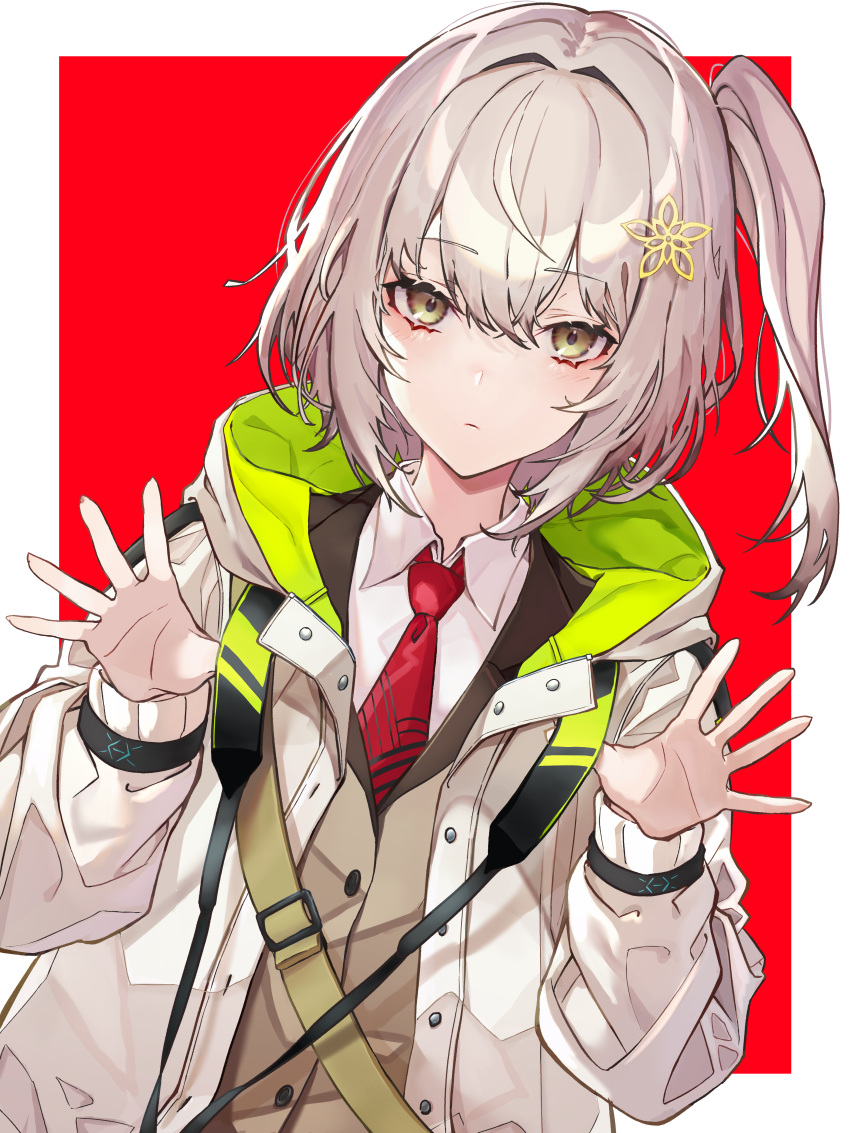 1girl absurdres arknights blush border brown_eyes closed_mouth coat hair_ornament highres hood hood_down huge_filesize kabi_(zcwd8845) long_sleeves looking_at_viewer necktie one_side_up open_clothes open_coat outside_border red_background red_neckwear scene_(arknights) short_hair silver_hair simple_background spread_fingers unbuttoned upper_body white_border white_coat