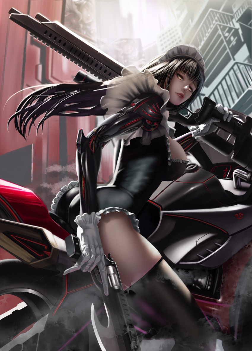 1girl absurdres ass black_hair black_legwear blade breasts building closed_mouth cyberpunk cyborg dual_wielding frilled_gloves frilled_leotard frills gloves ground_vehicle gun handgun highres holding holding_gun holding_weapon leotard long_hair looking_at_viewer maid maid_headdress mechanical_arms motor_vehicle motorcycle original outdoors over_shoulder pmy00 red_lips revolver science_fiction scratches smoke solo thigh-highs thighs weapon weapon_over_shoulder white_gloves yellow_eyes