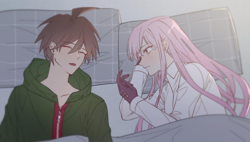 1boy 1girl ahoge alternate_hairstyle brown_hair closed_eyes closed_mouth collared_shirt commentary_request dangan79 dangan_ronpa:_trigger_happy_havoc dangan_ronpa_(series) eyebrows_visible_through_hair gloves green_hoodie highres hood hood_down hoodie kirigiri_kyouko long_hair long_sleeves looking_at_another lying naegi_makoto necktie on_back on_side open_mouth pillow purple_gloves purple_hair shirt short_hair sleeping under_covers violet_eyes white_shirt