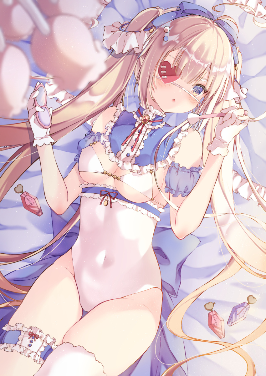 1girl absurdres bangs bare_shoulders bed_sheet blonde_hair breasts eyebrows_visible_through_hair eyepatch hair_ornament highres holding holding_brush holding_mirror looking_at_viewer lying mirror on_back on_bed one_eye_covered original over-kneehighs parted_lips pillow stomach thigh-highs thigh_strap thighs twintails