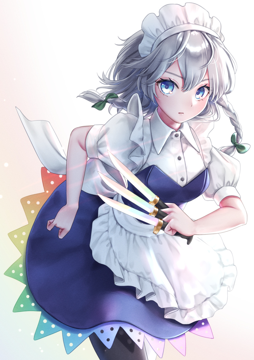 1girl apron black_legwear blue_dress blue_eyes bow braid buttons closed_eyes commentary_request cowboy_shot dress eyebrows_visible_through_hair eyelashes frills green_bow grey_hair hair_bow hairband highres holding holding_knife izayoi_sakuya knife looking_at_viewer maid maid_apron maid_headdress pantyhose puffy_short_sleeves puffy_sleeves shirt short_hair short_sleeves silver_hair solo torinari_(dtvisu) touhou twin_braids unconnected_marketeers white_apron white_shirt