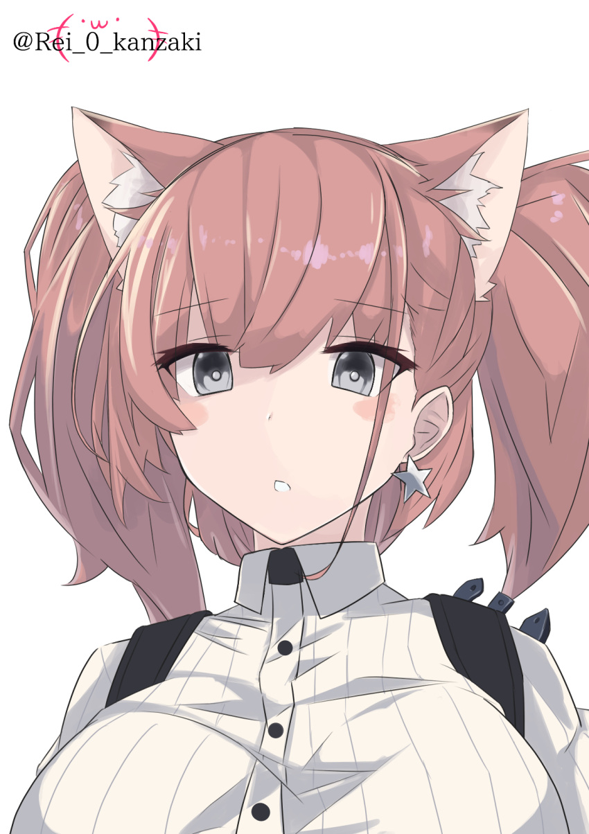 1girl anchor_hair_ornament animal_ears atlanta_(kancolle) breasts brown_hair cat_ears commentary_request earrings etsuransha_no_rei extra_ears grey_eyes hair_ornament highres jewelry kantai_collection large_breasts long_hair looking_at_viewer parted_lips shirt simple_background solo star_(symbol) star_earrings twitter_username two_side_up white_background white_shirt