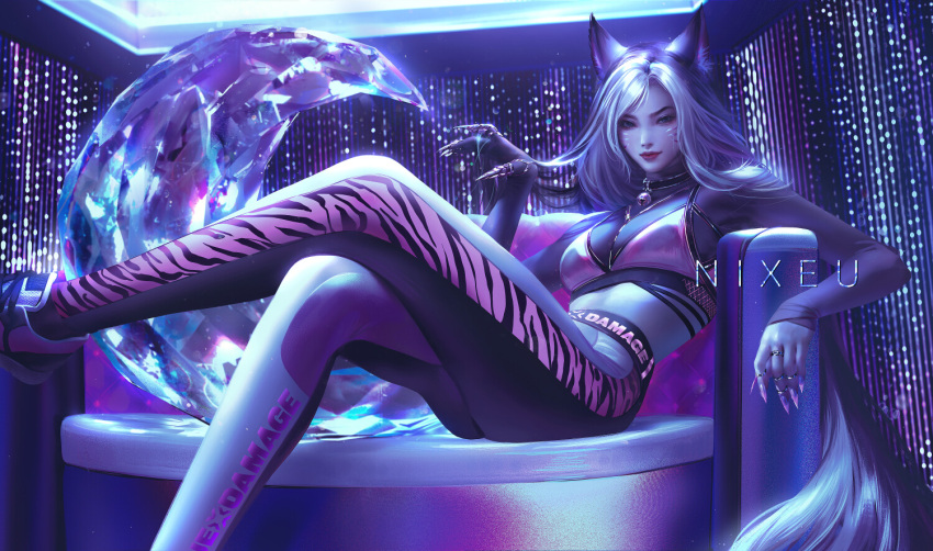 1girl ahri alternate_costume animal_ear_fluff animal_ears animal_print artist_name bell black_choker blue_eyes choker closed_mouth crossed_legs english_text facial_mark fingernails fox_ears fox_tail kitsune league_of_legends long_fingernails long_hair looking_at_viewer multicolored multicolored_hair neck_bell nixeu purple_hair purple_nails red_lips sharp_fingernails shiny sitting smile solo tail tiger_print true_damage_(league_of_legends) very_long_hair whisker_markings white_hair