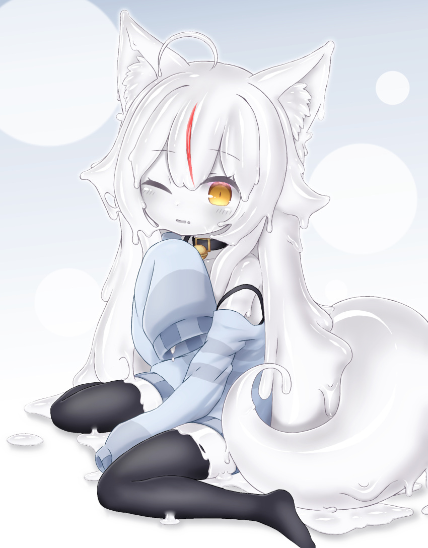 1girl ahoge animal_ear_fluff animal_ears bell black_legwear blue_sweater blush collar colored_sclera colored_skin commission curss fox_ears fox_tail grey_hair grey_sclera hair_between_eyes highres jingle_bell kamiko_kana long_hair long_sleeves looking_at_viewer monster_girl monsterification multicolored_hair neck_bell parted_lips sitting skeb_commission sleeves_past_fingers sleeves_past_wrists slime_girl solo streaked_hair sweater tail thigh-highs tsunderia very_long_hair virtual_youtuber wariza white_skin yellow_eyes