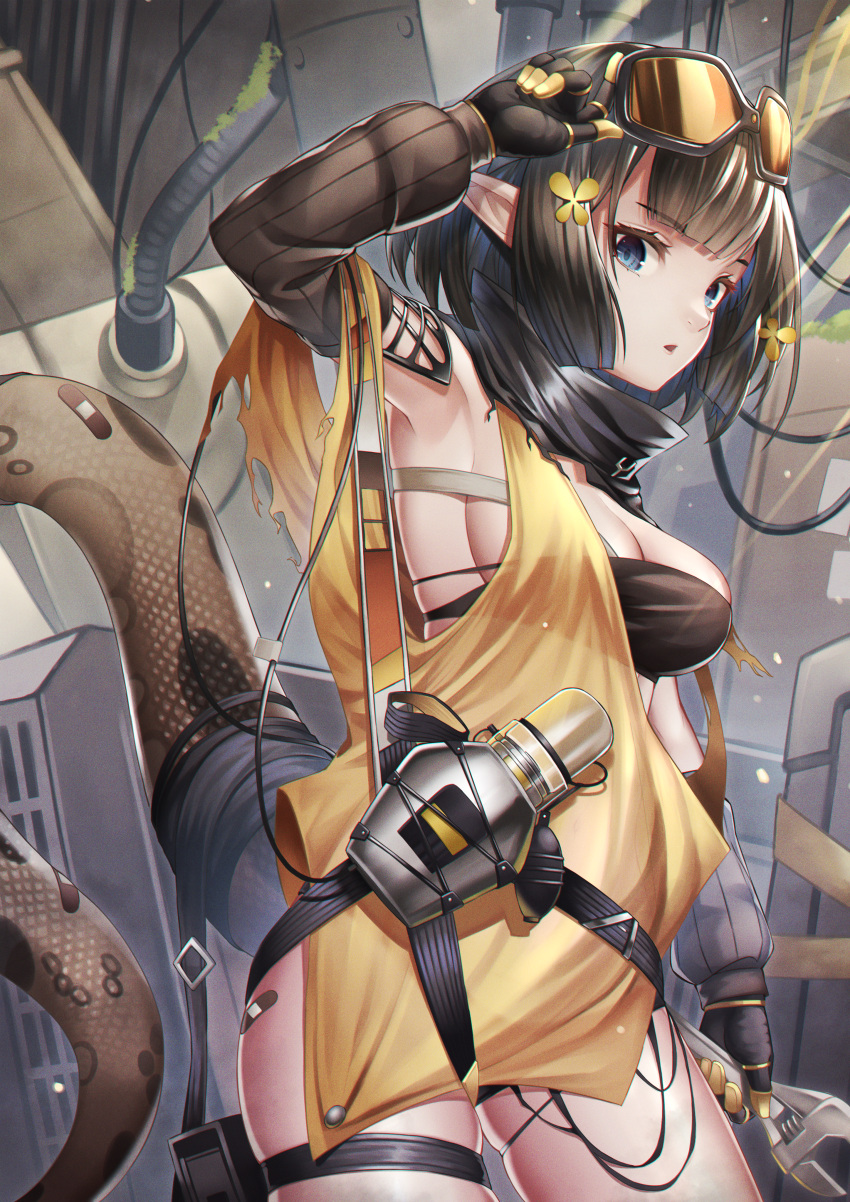 1girl absurdres arknights armpits bangs black_gloves black_hair blue_eyes breasts cowboy_shot detached_collar dress eunectes_(arknights) eyebrows_visible_through_hair flower gloves goggles goggles_on_head hair_flower hair_ornament highres huge_filesize looking_at_viewer noro_assumed parted_lips pointy_ears short_dress short_shorts shorts sideboob skindentation snake_tail strapless tail tail_raised thigh_strap tubetop yellow_dress yellow_flower