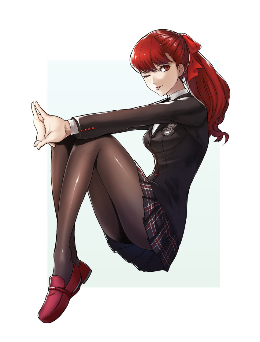 1girl ;p bangs black_jacket black_legwear bow breasts buttons commentary english_commentary eyebrows_visible_through_hair fingers_together hair_bow highres igusaharu jacket long_hair long_sleeves looking_at_viewer miniskirt one_eye_closed pantyhose persona persona_5 persona_5_the_royal ponytail red_bow red_eyes redhead school_uniform shirt shuujin_academy_uniform simple_background sitting skirt smile solo tongue tongue_out uniform white_background white_shirt yoshizawa_kasumi