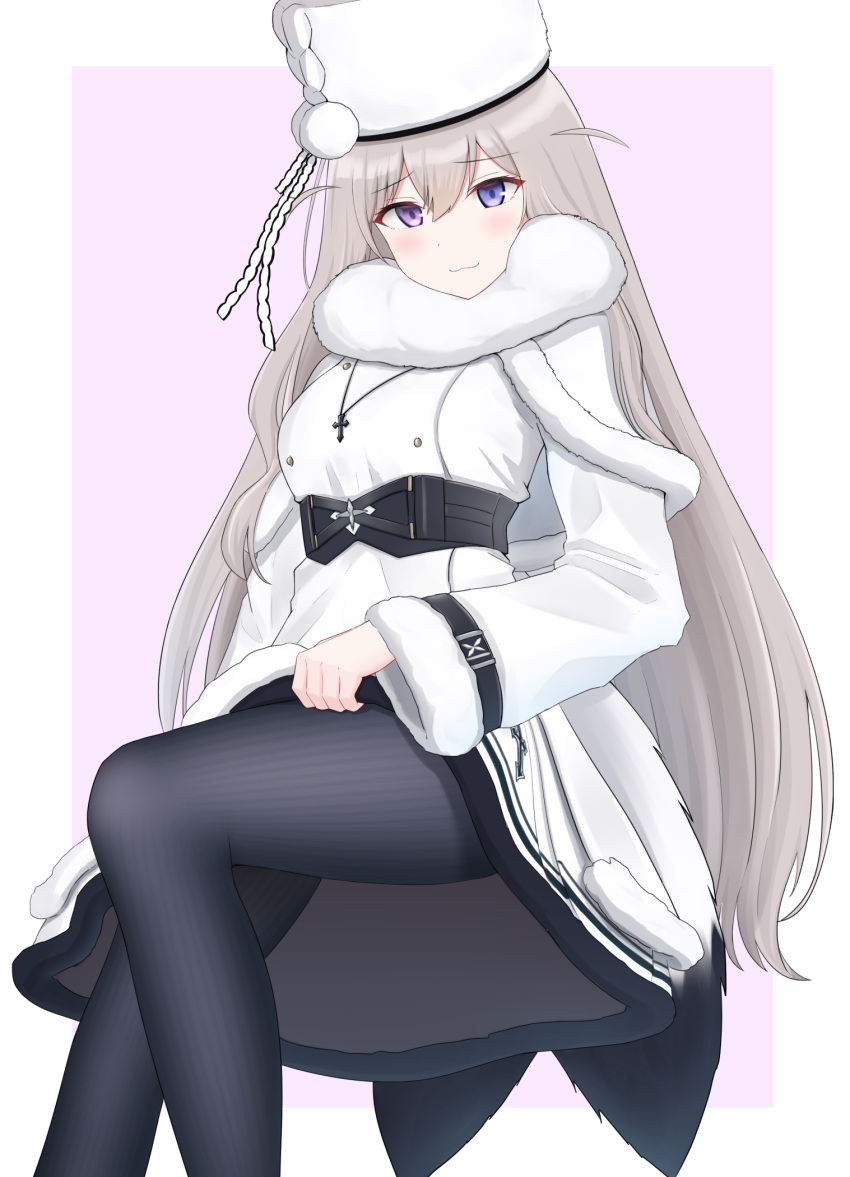 1girl azur_lane belt black_belt black_legwear blue_eyes blush closed_mouth coat cross cross_necklace dress eyebrows_visible_through_hair fur-trimmed_coat fur-trimmed_dress fur_collar fur_trim hand_on_own_thigh heterochromia highres jewelry long_hair looking_at_viewer murmansk_(azur_lane) necklace pantyhose papakha platinum_blonde_hair simple_background sitting solo topgear violet_eyes white_coat white_dress white_headwear winter_clothes