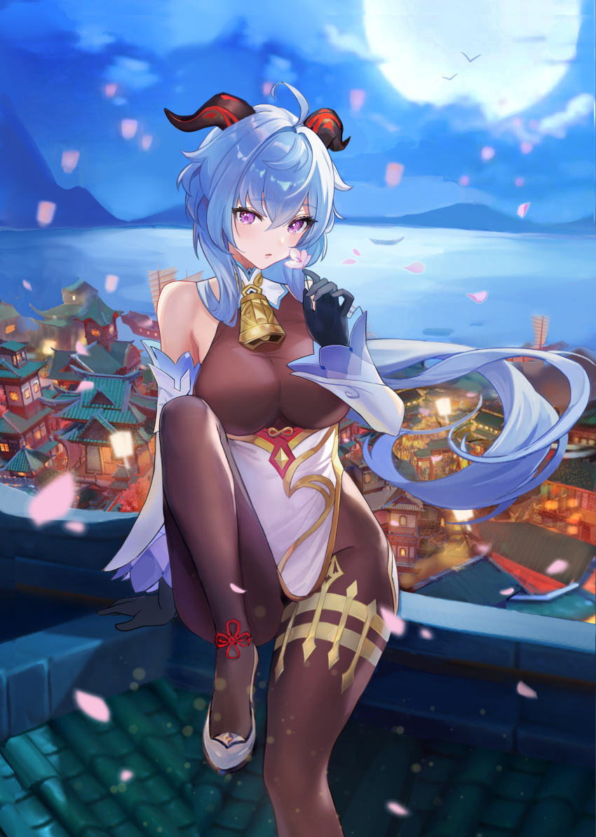 1girl absurdres ahoge architecture bangs bare_shoulders bell black_gloves black_legwear blue_hair blush bodystocking breasts detached_sleeves dress east_asian_architecture elbow_gloves full_moon ganyu_(genshin_impact) genshin_impact gloves highres horns large_breasts long_hair looking_at_viewer moon night night_sky pantyhose petals shaobao_(sdhx3728) sitting sky thighs violet_eyes white_dress