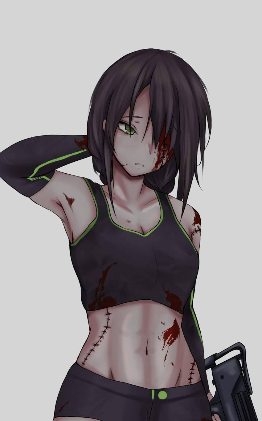 1girl absurdres black_gloves black_tank_top blood blood_on_face bloody_clothes breasts brown_hair closed_mouth collarbone elbow_gloves eyebrows_visible_through_hair girls_frontline gloves green_eyes hand_on_head highres holding holding_weapon long_hair looking_down mac-10_(girls_frontline) navel scar scar_across_eye scar_on_arm scar_on_face scar_on_stomach small_breasts solo standing taishi_karibe tank_top weapon white_background