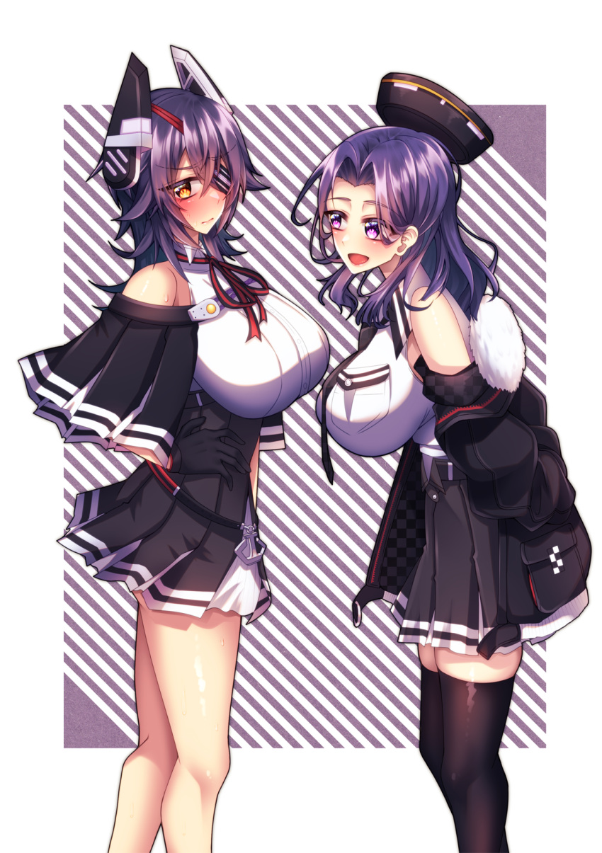 2girls animal_ears black_capelet black_gloves black_jacket black_legwear breast_pocket breasts capelet cosplay costume_switch cow_ears cow_horns cow_tail eyepatch glaive gloves headgear highres horns jacket kantai_collection large_breasts mechanical_halo multiple_girls necktie pleated_skirt pocket purple_hair red_eyes remodel_(kantai_collection) short_hair skirt standing striped striped_background tail tatsuta_(kancolle) tatsuta_(kancolle)_(cosplay) tenryuu_(kancolle) tenryuu_(kancolle)_(cosplay) thigh-highs violet_eyes yuudadou