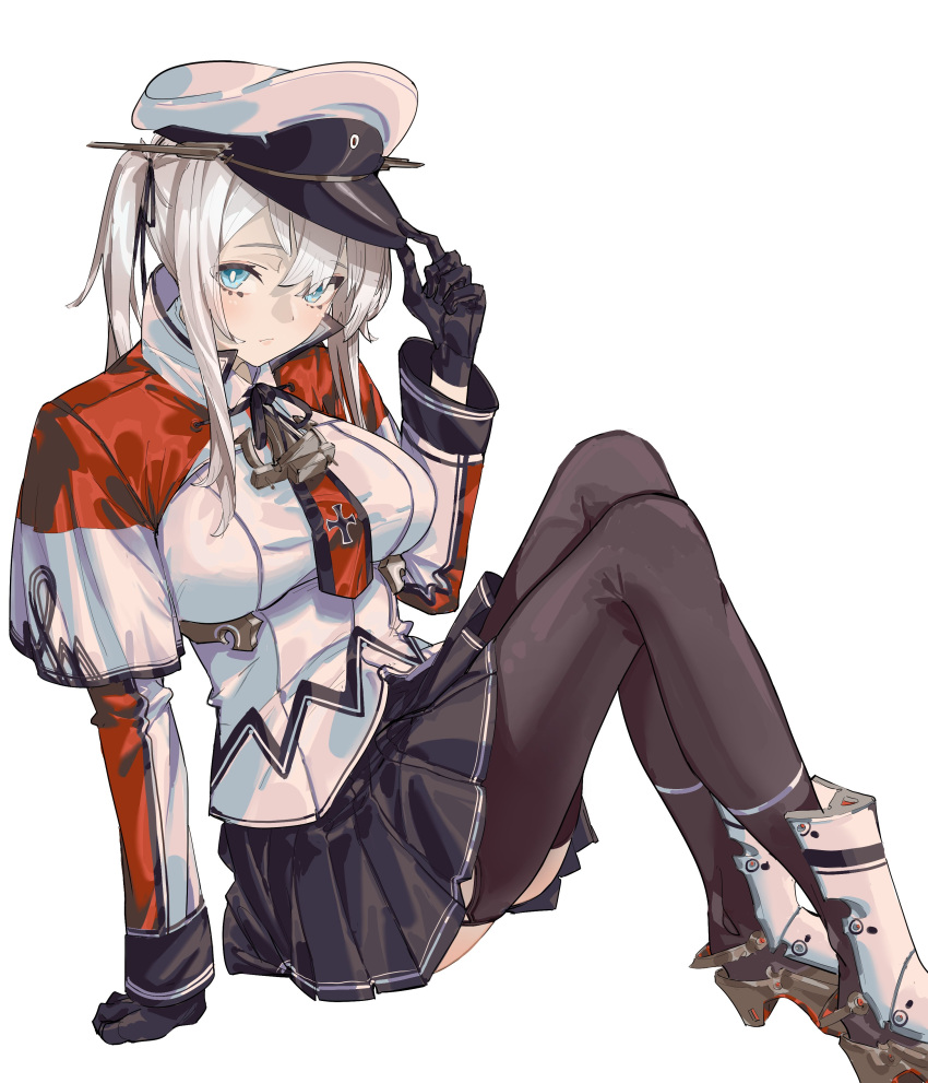 1girl absurdres bangs black_gloves black_legwear black_skirt blue_eyes breasts capelet celtic_knot closed_mouth gloves graf_zeppelin_(kancolle) hair_between_eyes hair_ribbon hat hat_tip high_heels highres iron_cross kantai_collection kazukingu large_breasts long_hair long_sleeves peaked_cap pleated_skirt ribbon simple_background sitting skirt solo thigh-highs twintails white_background white_headwear