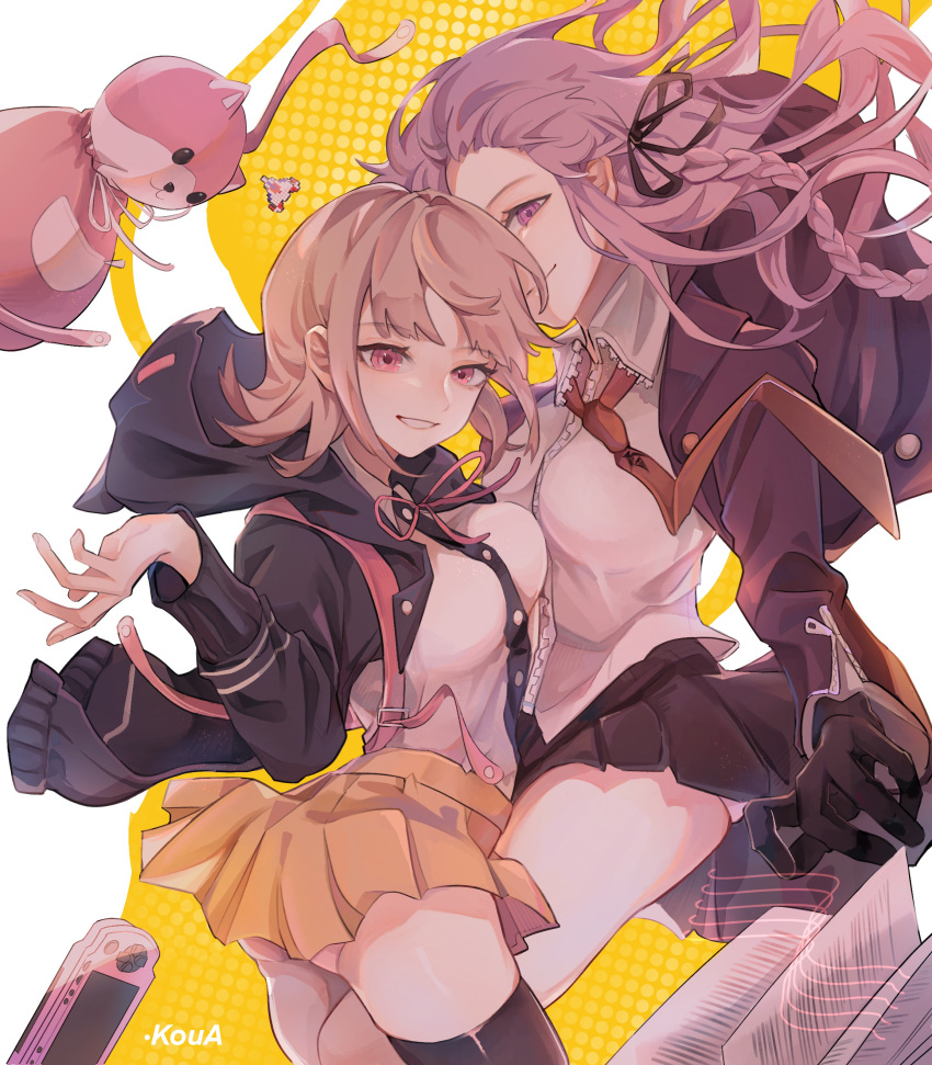 2girls absurdres animal_bag animal_hood artist_name ass bangs black_gloves black_jacket black_legwear black_ribbon black_shirt black_skirt book braid breasts brown_neckwear brown_skirt cat_bag cat_hood collared_shirt cowboy_shot dangan_ronpa:_trigger_happy_havoc dangan_ronpa_(series) dangan_ronpa_2:_goodbye_despair dress_shirt flipped_hair floating_hair gloves grin hair_ornament hair_ornament_removed hair_ribbon hairclip hand_up handheld_game_console highres holding hood hood_down jacket kirigiri_kyouko koua_(201409) light_brown_hair long_hair looking_at_viewer medium_breasts medium_hair multiple_girls nanami_chiaki neck_ribbon necktie open_clothes open_jacket panties pink_bag pink_eyes pink_ribbon pleated_skirt ribbon shirt shirt_tucked_in side_braid skirt smile spaceship_hair_ornament thigh-highs underwear white_background white_panties white_shirt yellow_background