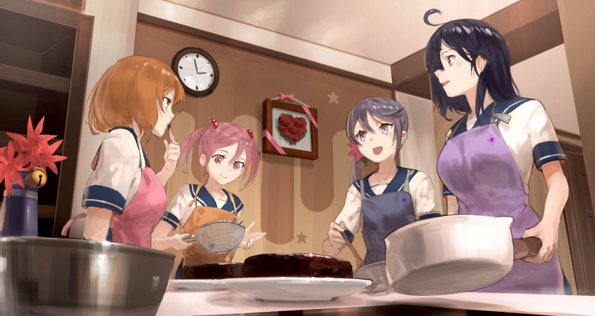 4girls ahoge akebono_(kancolle) apron bangs bell blue_apron blue_hair blue_sailor_collar bowl breasts brown_eyes cake clock cooking finger_licking flower food from_below hair_bell hair_bobbles hair_flower hair_ornament highres indoors kantai_collection licking long_hair lynchis multiple_girls oboro_(kancolle) open_mouth orange_apron orange_hair pink_apron pink_eyes pink_hair purple_apron purple_hair sailor_collar sazanami_(kancolle) school_uniform serafuku short_hair short_sleeves short_twintails side_ponytail smile strainer twintails ushio_(kancolle) vase violet_eyes wall_clock