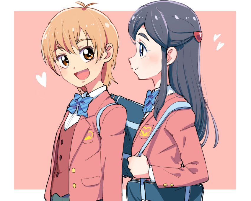 2girls azuma_yukihiko black_hair blue_eyes brown_eyes brown_hair commentary_request eyelashes futari_wa_precure hair_ornament hairclip half_updo happy long_hair misumi_nagisa multiple_girls precure ribbon school_uniform shirt short_hair sketch smile white_shirt yukishiro_honoka