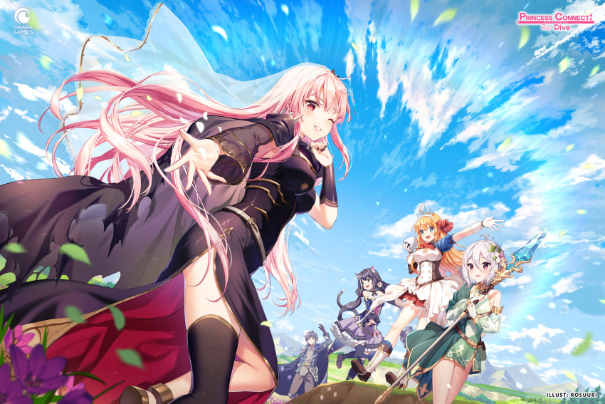 1boy 4girls animal_ears artist_name black_dress black_hair blue_jacket blue_sky blurry blurry_foreground cape cat_ears cat_girl cat_tail clouds cloudy_sky commentary copyright_name crossover crunchyroll diadem dress english_commentary flower food green_dress hair_flower hair_ornament highres hololive hololive_english jacket karyl_(princess_connect!) kokkoro_(princess_connect!) leaves_in_wind long_hair mori_calliope multiple_girls official_art one_eye_closed onigiri orange_hair pecorine_(princess_connect!) petals pink_eyes pink_hair princess_connect! princess_connect!_re:dive puffy_short_sleeves puffy_sleeves purple_dress reaching_out ribbon rosuuri short_sleeves sky staff sword tail tiara veil weapon white_hair yuuki_(princess_connect!)