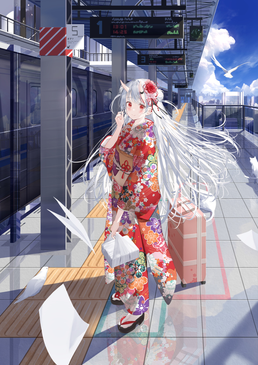 1girl absurdres bag bangs bird blue_sky building city clock closed_mouth clouds commentary_request daitai_sotogawa_(futomomo) day eyebrows_visible_through_hair fence floral_print flower geta ground_vehicle hair_flower hair_ornament highres holding holding_bag hololive horns japanese_clothes kimono looking_at_viewer luggage nakiri_ayame print_kimono red_eyes red_kimono reflection reflective_floor seagull sky smile solo standing train train_station white_bird white_hair window yukata