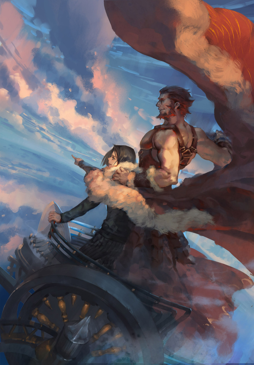 111111111_(leiyao) 2boys armor beard black_hair cape_removed chariot facial_hair fate/zero fate_(series) gordius_wheel_(fate) highres iskandar_(fate) leather_armor male_focus multiple_boys pointing realistic redhead size_difference sky waver_velvet