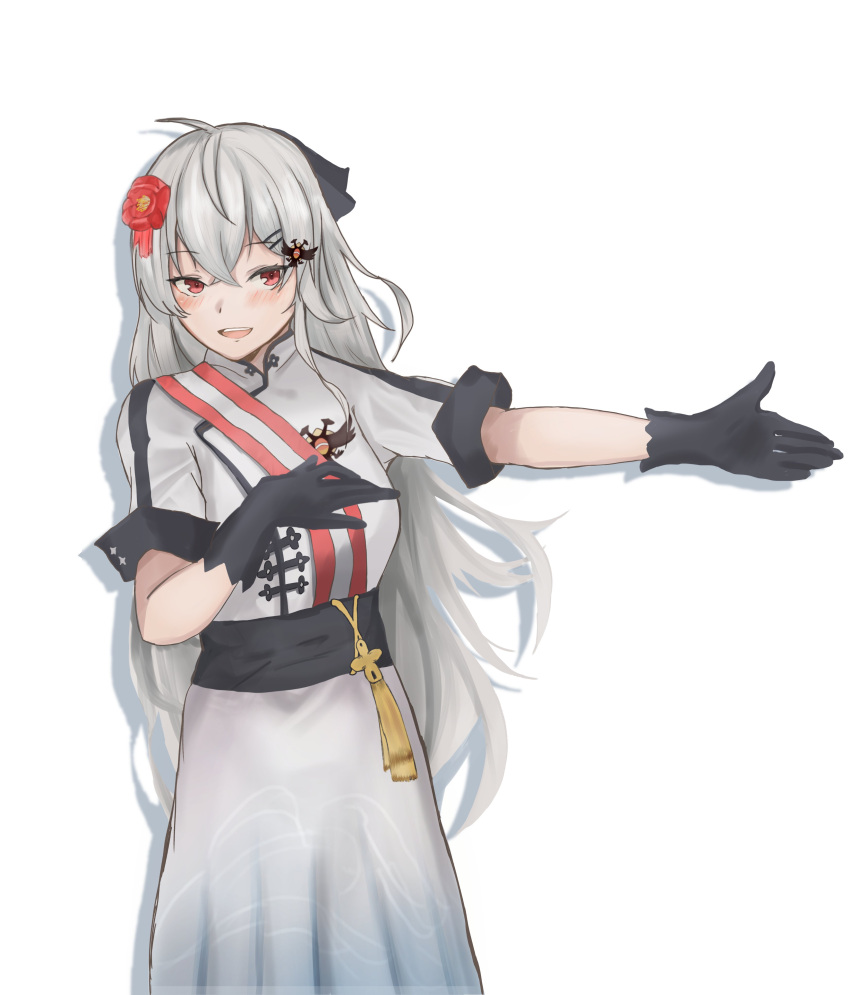 1girl absurdres alternate_costume alternate_uniform bangs black_gloves black_ribbon blush eyebrows_visible_through_hair girls_frontline gloves hair_ribbon hand_on_own_chest highres iws-2000_(girls_frontline) long_hair looking_at_viewer open_mouth red_eyes ribbon silver_hair solo standing taishi_karibe white_background