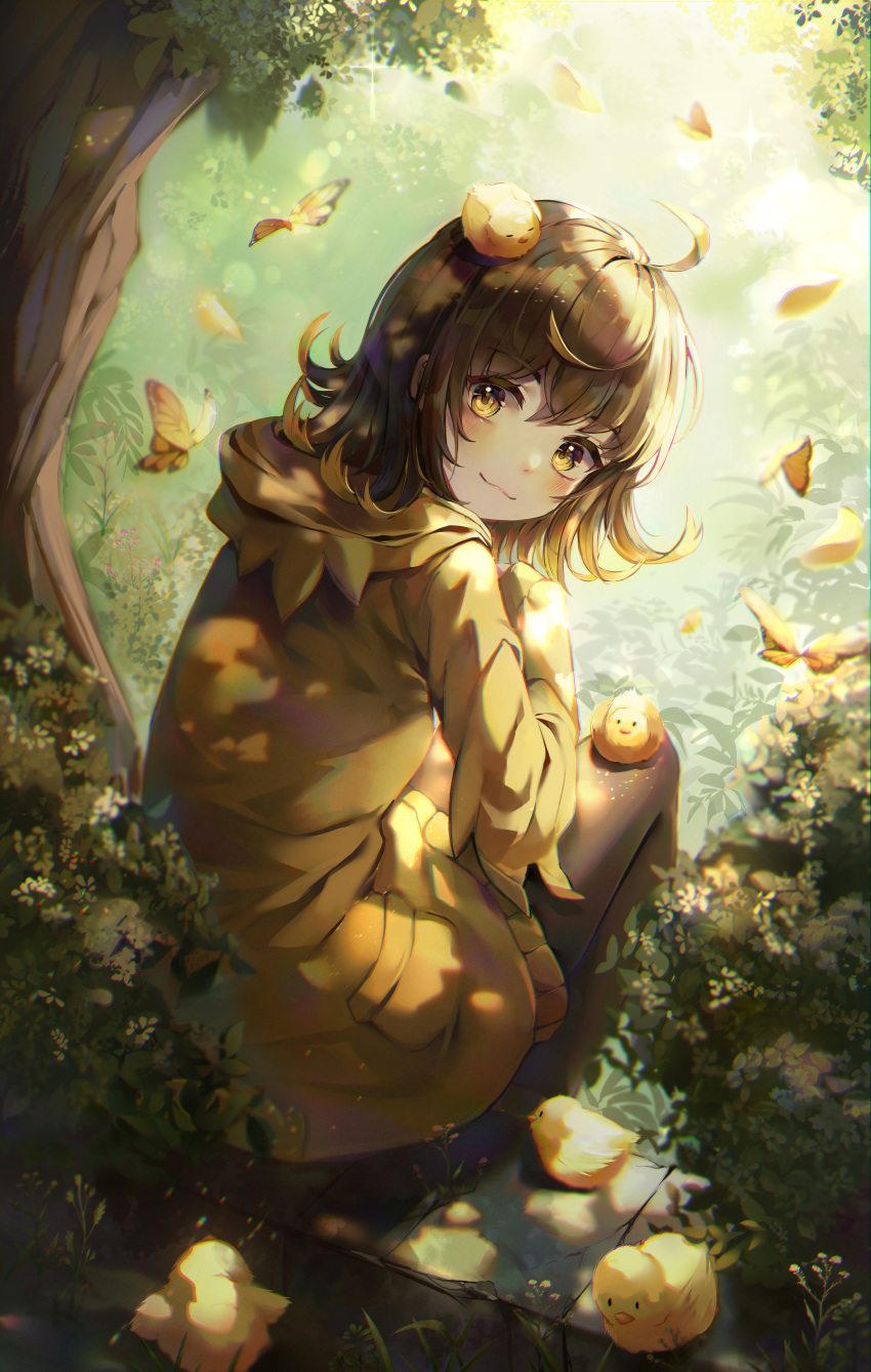 1girl absurdres ahoge bird black_legwear blush brown_hair chick closed_mouth dappled_sunlight eyebrows_visible_through_hair forest highres hood hood_down hoodie huge_filesize looking_at_viewer looking_back mirage_(rairudiseu) nature outdoors pantyhose plant scenery short_hair sitting solo sunlight tree yellow_eyes yellow_hoodie zutto_mayonaka_de_ii_no_ni