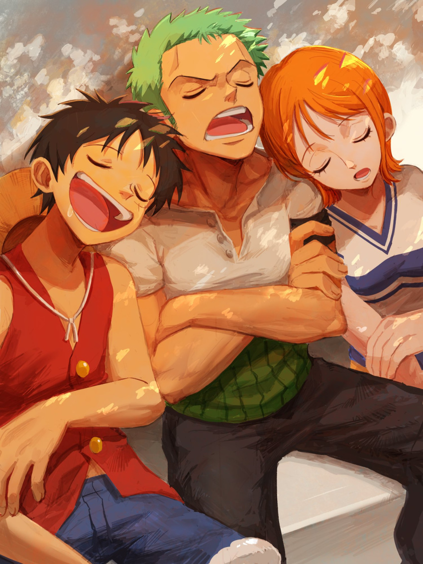 1girl 2boys :d black_hair black_pants blue_shorts breasts closed_eyes crossed_arms d: drooling green_hair hat hat_on_back head_on_another's_shoulder highres monkey_d._luffy multiple_boys nami_(one_piece) oekakiboya one_piece open_mouth orange_hair pants red_vest roronoa_zoro scar scar_on_cheek scar_on_face shirt short_hair short_sleeves shorts sleeping small_breasts smile straw_hat vest white_shirt yellow_headwear