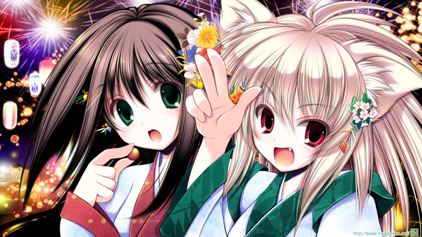 2girls animal_ears brown_hair candy cat_ears fang fireworks flower green_eyes hair_ornament highres lantern long_hair looking_at_viewer multiple_girls open_mouth original red_eyes short_hair silver_hair tenmu_shinryuusai wallpaper wide_sleeves