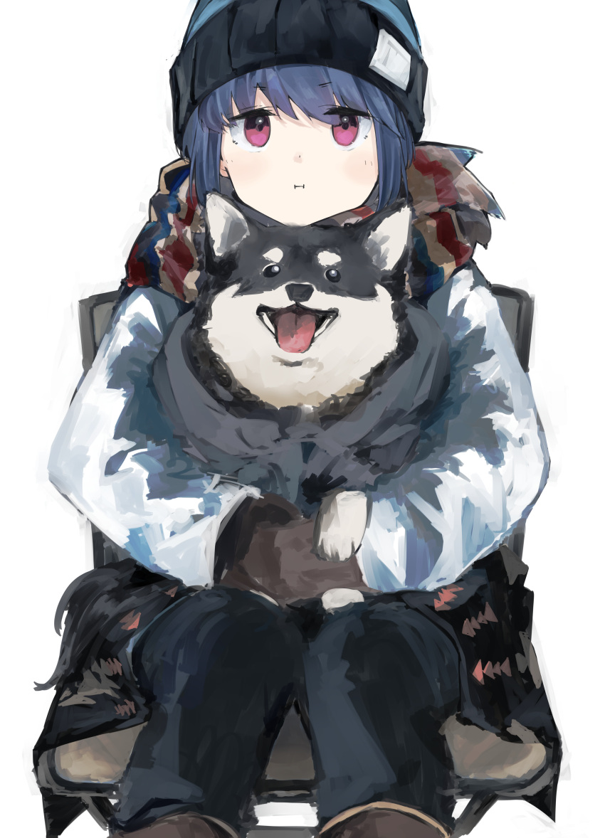 1girl :t absurdres animal bangs beanie black_pants blue_hair brown_gloves chair dog gloves hat highres jacket leadin_the_sky long_sleeves looking_at_viewer pants scarf shima_rin simple_background sitting violet_eyes white_background white_jacket winter_clothes yurucamp