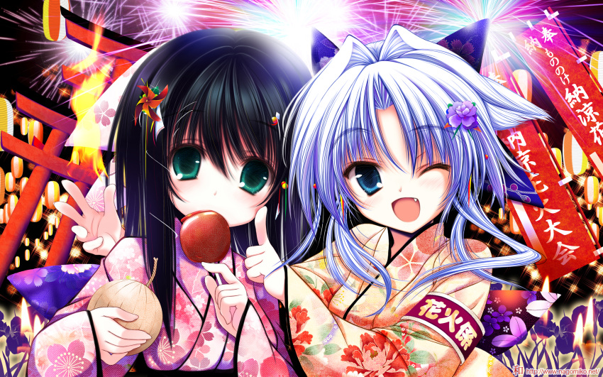 2girls ;d aerial_fireworks black_hair blue_eyes blue_hair candy_apple cheek_poking eating fang festival fireworks flower green_eyes hair_flower hair_ornament highres japanese_clothes kimono lantern long_hair looking_at_viewer multiple_girls open_mouth original poking ribbon short_hair smile tenmu_shinryuusai torii wink