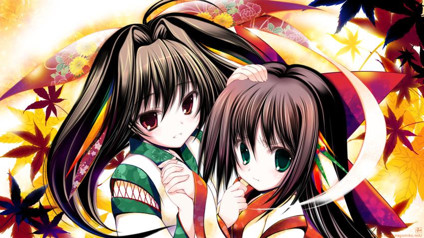 2girls :t ahoge brown_hair floral_print green_eyes hair_intakes hand_on_another's_head highres holding_hands japanese_clothes leaf multiple_girls original petting red_eyes smile tenmu_shinryuusai wallpaper wavy_mouth