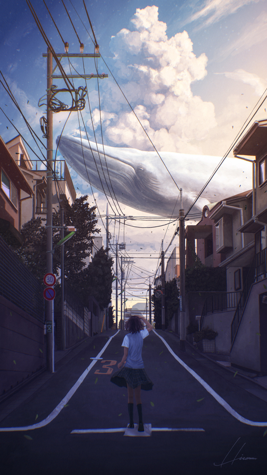 1girl brown_hair building clouds falling_leaves flying_whale from_behind highres hipy_(image_oubliees) house kneehighs leaf medium_hair original plaid plaid_skirt power_lines railing road scenery sign signature skirt sky speed_limit_sign sweater_vest tree utility_pole whale wind