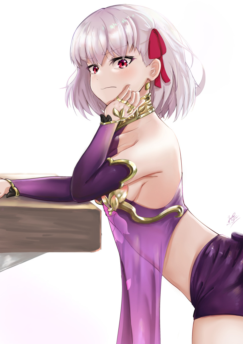 1girl absurdres armlet armor bangs bare_shoulders bikini_armor blush bracelet breasts closed_mouth collar detached_sleeves dress earrings fate/grand_order fate_(series) floral_print hair_ribbon highres jarvis_darc jewelry kama_(fate) looking_at_viewer metal_collar miniskirt pelvic_curtain purple_dress purple_skirt purple_sleeves red_eyes ribbon ring short_hair sideboob silver_hair skirt small_breasts thighs