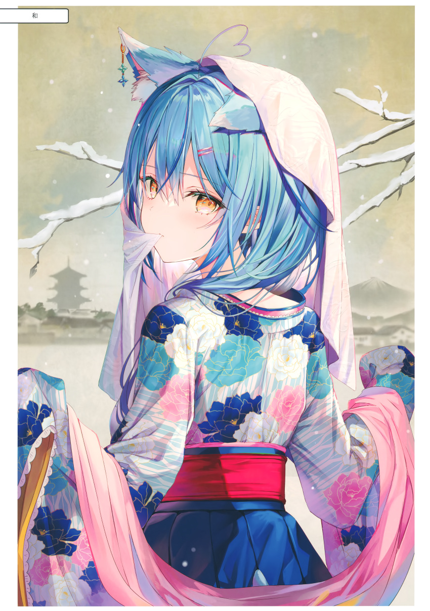 1girl absurdres ahoge animal_ear_fluff animal_ears bangs blue_eyes blush brown_eyes cat_ears earrings floral_print hair_ornament hairclip highres hololive japanese_clothes jewelry kimono long_hair long_sleeves looking_at_viewer looking_back mouth_hold rin_yuu scan sleeves_past_wrists snow snowing solo tree_branch upper_body virtual_youtuber wide_sleeves yukihana_lamy