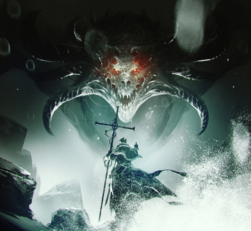 1other absurdres ambiguous_gender dark_background facing_away giant giant_monster glowing glowing_eyes green_background hand_up highres holding holding_weapon horns kalmahul looking_at_another monster open_mouth original sharp_teeth standing teeth water weapon