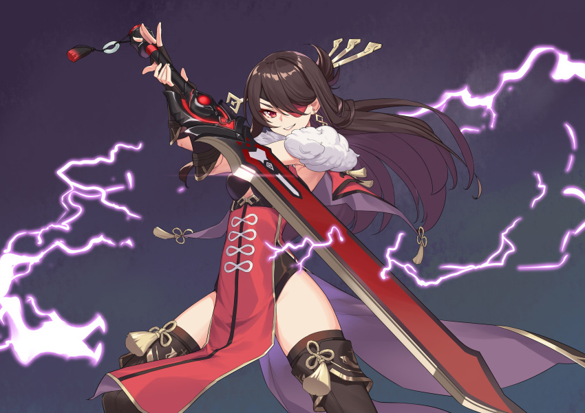 1girl absurdres beidou_(genshin_impact) black_hair commentary_request earrings eyepatch fighting_stance fur_trim genshin_impact gradient gradient_background hair_ornament happy highres huai_diao_de_zongzi jewelry lightning long_hair looking_at_viewer red_eyes smile solo standing sword thigh-highs thighs weapon