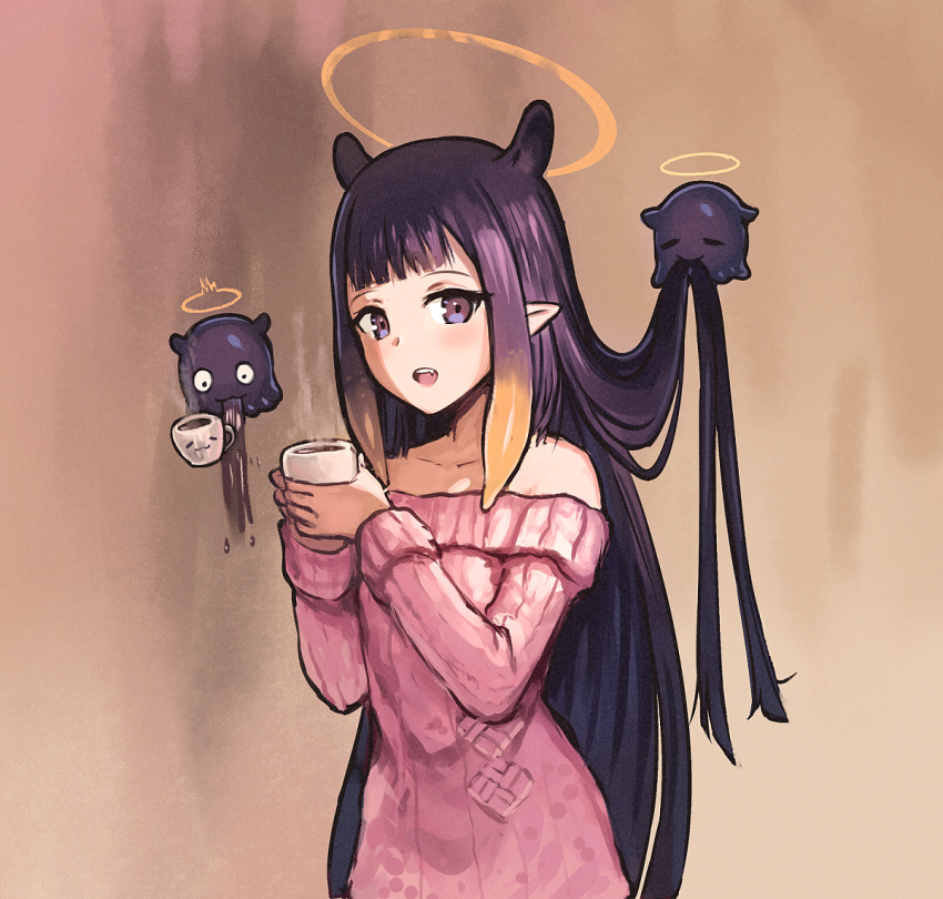 1girl :o =_= bangs bare_shoulders black_eyes blunt_bangs coffee coffee_mug collarbone cup fang flat_chest gradient_hair halo hexunart holding hololive hololive_english leg_garter looking_at_viewer mouth_hold mug multicolored_hair ninomae_ina'nis off-shoulder_sweater off_shoulder open_mouth pink_sweater pointy_ears purple_hair sidelocks smile solo standing sweater tako_(ninomae_ina'nis) tentacle_hair virtual_youtuber