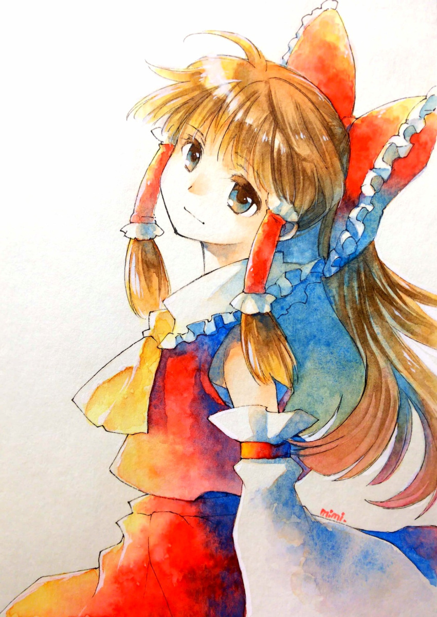 1girl artist_name ascot bow brown_eyes brown_hair detached_sleeves frills from_side hair_bow hair_tubes hakurei_reimu head_tilt highres light_smile long_hair looking_at_viewer mimi_(ikrptppt) multicolored multicolored_eyes ponytail red_bow red_skirt red_vest scan signature skirt skirt_set solo touhou traditional_media vest watercolor_(medium) wide_sleeves yellow_neckwear