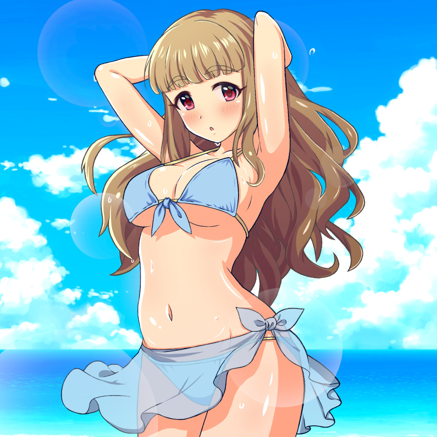 1girl :o armpits arms_behind_head arms_up bangs bikini blue_sarong blue_sky blunt_bangs blush breasts brown_hair clouds cloudy_sky commentary_request cowboy_shot eyebrows eyebrows_visible_through_hair front-tie_bikini front-tie_top highres horizon idolmaster idolmaster_cinderella_girls kamiya_nao large_breasts lens_flare long_hair looking_at_viewer melnia0916 ocean open_mouth sarong see-through sky solo standing string_bikini swimsuit violet_eyes wet