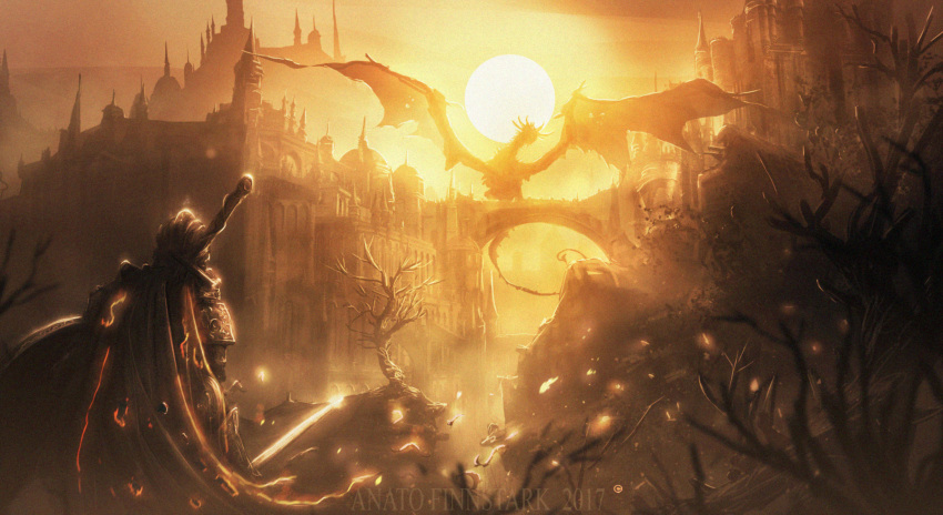 1other absurdres anatofinnstark architecture armor ashen_one_(dark_souls_3) bare_tree bridge castle dark_souls_iii dated dragon from_behind full_armor helmet highres holding holding_shield knight outdoors scenery shield souls_(from_software) standing sun sunlight sword tree weapon weapon_on_back wyvern