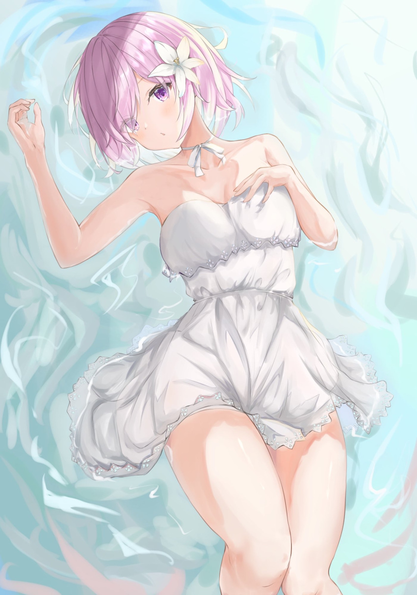 1girl bangs dress fate/grand_order fate_(series) flower hair_flower hair_ornament hair_over_one_eye highres knees_together_feet_apart looking_at_viewer lying mash_kyrielight mikanagi_yuri neck_ribbon partially_submerged purple_hair ribbon solo strapless thighs water white_dress white_flower white_ribbon
