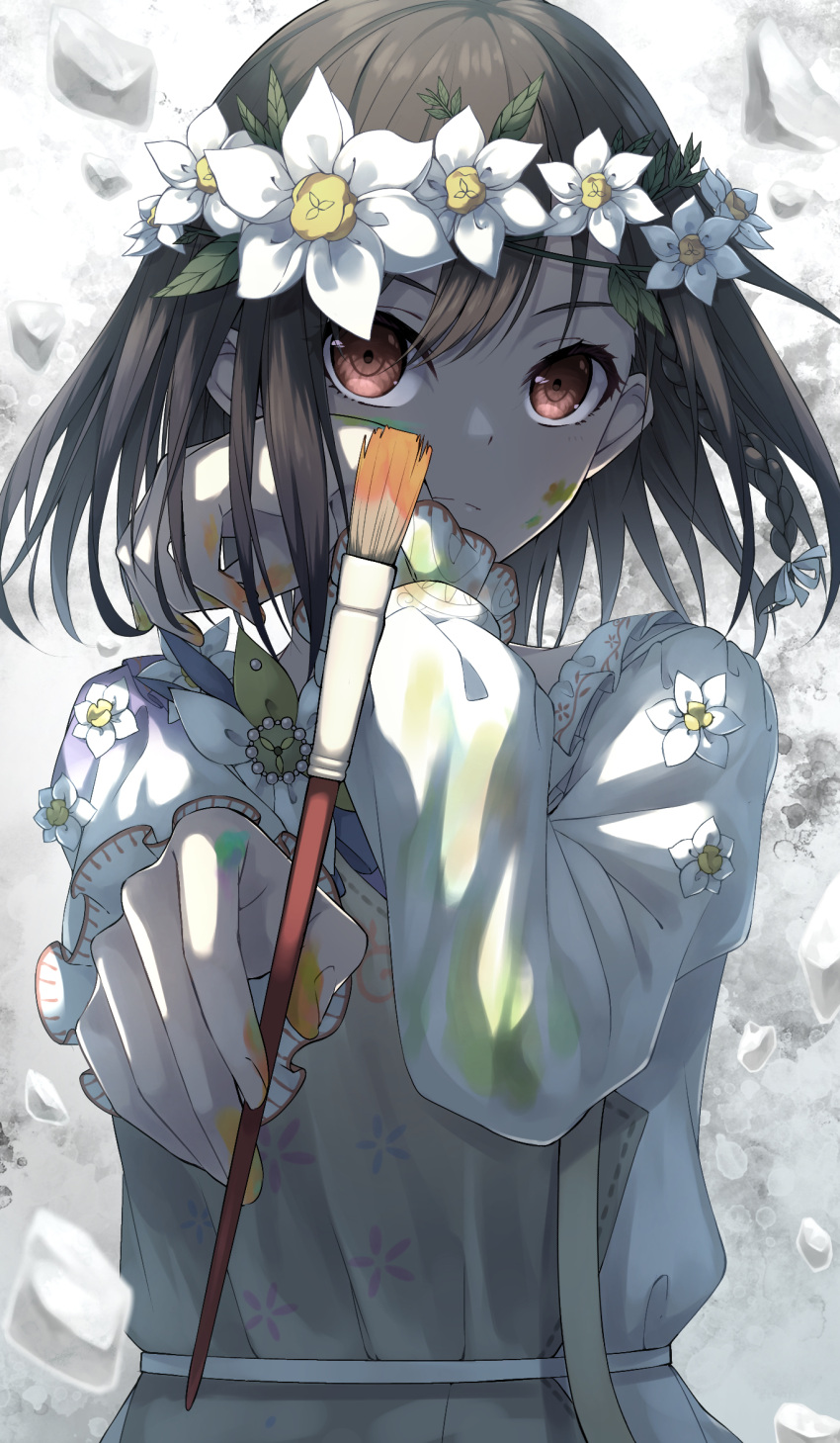 1girl apron bangs black_hair brown_apron closed_mouth commentary_request flower flower_wreath hair_between_eyes head_wreath highres holding holding_paintbrush long_sleeves looking_at_viewer outstretched_arm paintbrush project_sekai red_eyes shinonome_ena shirt solo tamago_sando upper_body v-shaped_eyebrows white_flower white_shirt