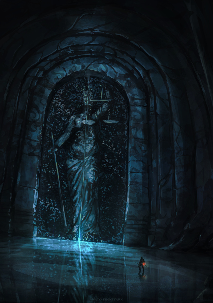 1other absurdres anatofinnstark artist_name door doorway dutch_angle facing_away glowing highres holding holding_sword holding_weapon indoors knight lady_justice light_rays scenery solo souls_(from_software) standing sword very_wide_shot weapon