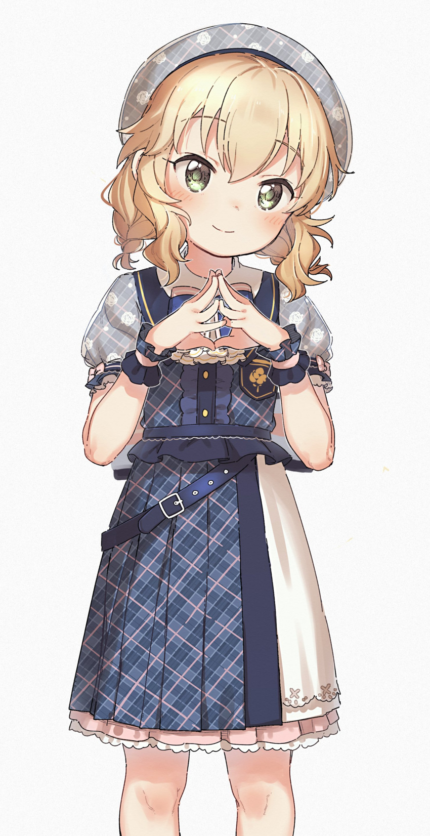 1girl absurdres bangs beret blonde_hair blue_bow blue_dress blush bow closed_mouth commentary_request dress eyebrows_visible_through_hair feet_out_of_frame floral_print green_eyes grey_headwear hair_between_eyes hat head_tilt highres idolmaster idolmaster_cinderella_girls looking_at_viewer plaid plaid_dress plaid_headwear pleated_dress puffy_short_sleeves puffy_sleeves sakurai_momoka short_sleeves simple_background smile solo standing steepled_fingers white_background yukie_(kusaka_shi)