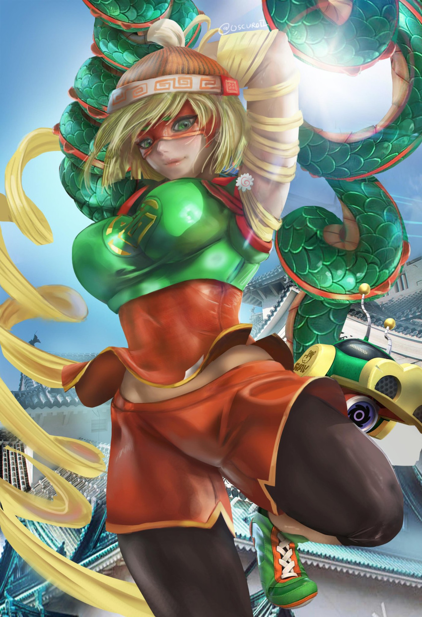 1girl arms_(game) bangs beanie blonde_hair blunt_bangs breasts chinese_clothes domino_mask dragon_(arms) facepaint food green_eyes hat highres knit_hat leggings legwear_under_shorts looking_at_viewer mask min_min_(arms) navel noodles open_mouth oscuroii pantyhose short_hair shorts smile solo super_smash_bros.