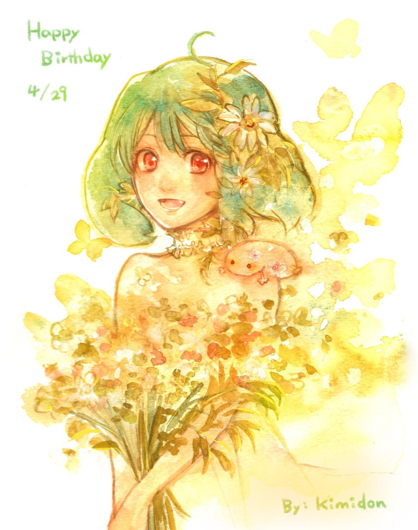 1girl absurdres ahoge bare_shoulders bouquet braid flower green_hair hair_flower hair_ornament happy_birthday highres kimidori_(kimidoriri) macross macross_frontier oosanshouuo-san open_mouth ranka_lee red_eyes short_hair side_braid solo traditional_media watercolor_(medium)