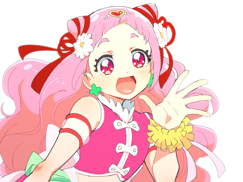 1girl :d azuma_yukihiko commentary_request cure_yell earrings eyelashes flower hair_flower hair_ornament happy highres hugtto!_precure jewelry long_hair looking_at_viewer magical_girl nono_hana open_mouth pink_eyes pink_hair precure simple_background sketch smile solo white_background