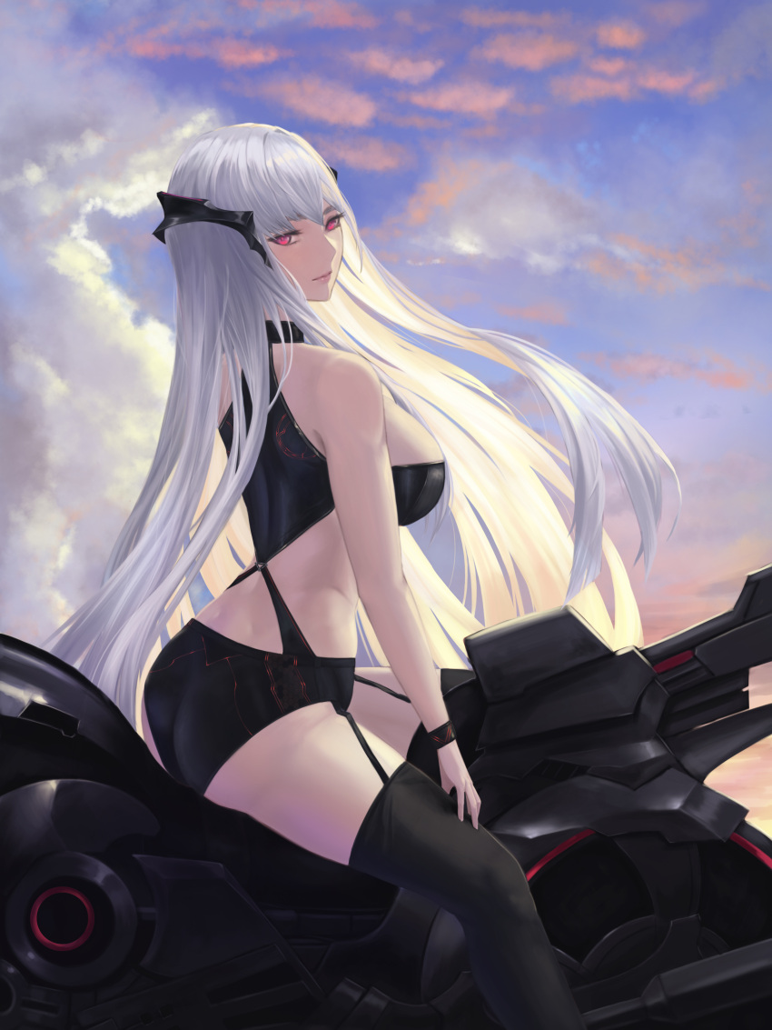 1girl absurdres beak_(girls_frontline) bike_shorts biker_clothes black_legwear black_tank_top breasts clouds cloudy_sky garter_straps girls_frontline ground_vehicle hairband highres large_breasts lips long_hair looking_at_viewer motor_vehicle motorcycle on_motorcycle photoshop_(medium) sangvis_ferri shorts silver_hair simple_background sitting sky solo tank_top thigh-highs un_lim violet_eyes