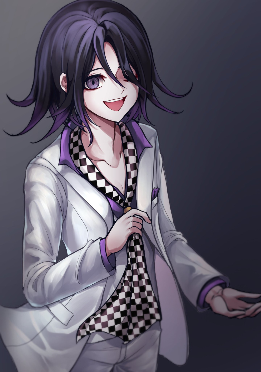 1boy :d bangs black_hair checkered checkered_scarf collarbone commentary_request cowboy_shot danchu_(danchu0628) dangan_ronpa_(series) dangan_ronpa_10th_anniversary_costume dangan_ronpa_v3:_killing_harmony gradient gradient_background grey_background hair_between_eyes hair_over_one_eye highres jacket long_sleeves looking_at_viewer male_focus official_alternate_costume one_eye_closed open_clothes open_jacket open_mouth ouma_kokichi pants pink_shirt purple_hair scarf shirt short_hair smile solo upper_teeth vest violet_eyes white_jacket white_pants white_vest